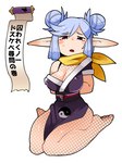 2023 blue_hair breasts cleavage clothed clothing elf feet female fishnet_clothing hair hands_behind_back humanoid humanoid_pointy_ears interspecies_reviewers japanese_text masha nipple_outline not_furry open_mouth scroll solo text toes