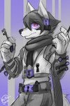 anthro bottomwear clothed clothing hair holding_key holding_object key looking_at_viewer male mouth_closed pants pattern_background red_eyes short_hair simple_background solo standing striped_background visor white_eyes kuttoyaki canid mammal absurd_res hi_res partially_colored signature