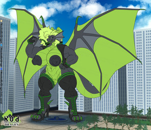 abs anthro areola bicep_curl big_areola big_breasts big_muscles big_nipples black_body black_clothing black_nipples blue_sky boots breasts building city city_background claws clothing colored_nails digitigrade ear_frill female fingerless_gloves footwear forked_tongue frill_(anatomy) genitals gloves green_body green_claws green_clothing green_eyes green_hair green_horn green_nails green_scales hair handwear high_heeled_boots high_heels high_top_shoes horn huge_areola huge_breasts huge_muscles huge_nipples legwear logo long_hair long_tongue macro macro_female membrane_(anatomy) membranous_wings muscular muscular_anthro muscular_female nails nipples plant presenting scales shoes sky skyscape skyscraper sleeveless_jacket solo street tail thick_tail thigh_highs tongue tree vulva wings knockedoutdragon european_mythology mythology kaya_(knockedoutdragon) dragon mythological_creature mythological_scalie scalie western_dragon artist_logo hi_res watermark
