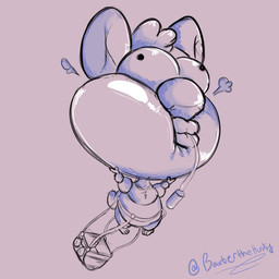 3_toes air_inflation air_tank anthro feet floating head_inflation head_tuft hose hose_in_mouth hose_inflation hyper_head inflation male simple_background solo toes tuft baxterthehusky ambiguous_species 1:1 2022 digital_media_(artwork) hi_res restricted_palette signature