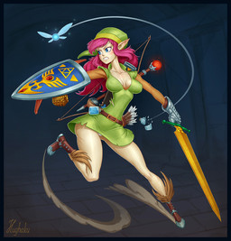 breasts brown_clothing brown_footwear brown_shoes cleavage clenched_teeth clothed clothing crossgender eyelashes female footwear green_clothing green_eyes green_hat green_headwear green_topwear hair hat headgear headwear holding_melee_weapon holding_object holding_shield holding_sword holding_weapon humanoid_pointy_ears melee_weapon mtf_crossgender not_furry panties pink_hair pointy_ears scar shield shoes solo sword tan_body tan_skin teeth thick_thighs topwear underwear upskirt weapon white_clothing white_panties white_underwear wide_hips himokone nintendo shonen_captain the_legend_of_zelda link fairy humanoid hylian hi_res