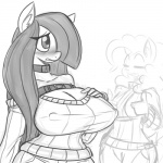 anthro anthrofied belt big_breasts blush breasts cleavage clothed clothing collar duo female gesture hand_gesture nipple_outline thumbs_up reiduran friendship_is_magic hasbro my_little_pony marble_pie_(mlp) pinkie_pie_(mlp) earth_pony equid equine horse mammal pony 1:1 2015 greyscale monochrome sibling_(lore) sister_(lore) sisters_(lore)