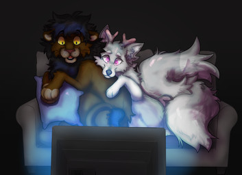 2_tails ambiguous_gender antlers black_background black_mane blue_pillow brown_body brown_fur cuddling duo electronics eyelashes feral fur furniture grey_body grey_fur grey_sofa horn mane multi_tail on_sofa open_mouth paws pillow pink_eyes simple_background sitting sitting_on_sofa snout sofa tail tail_tuft television tuft watching_television whisker_spots whiskers yellow_eyes jaspering canid canine felid fox lion mammal pantherine 2021 digital_drawing_(artwork) digital_media_(artwork) shaded soft_shading