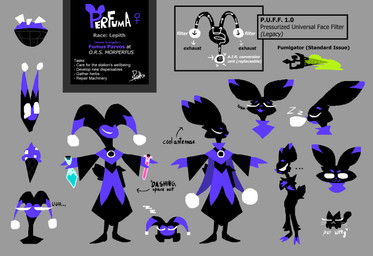 annoyed antennae_(anatomy) anthro arthropod_abdomen black_body black_fur bodysuit character_bio chibi clothing covering covering_self dessert diagram female food fool's_hat fur gas_mask hat headgear headwear ice_cream lepith long_sleeves mask perfuma_(raskul) potion potion_bottle purple_body purple_fur skinsuit sleeping smile solo spacesuit text tight_clothing raskul arthropod domestic_cat felid feline felis hybrid insect lepidopteran mammal moth english_text hi_res model_sheet