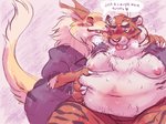 anthro belly big_belly blush claws clothed clothing duo face_lick fur licking long_tail male markings nipples obese open_mouth orange_body orange_fur overweight sharp_teeth simple_background tail teeth text tongue tongue_out weight_gain berlin pflaum alien felid mammal pantherine tiger 2018 4:3 digital_drawing_(artwork) digital_media_(artwork) english_text hi_res