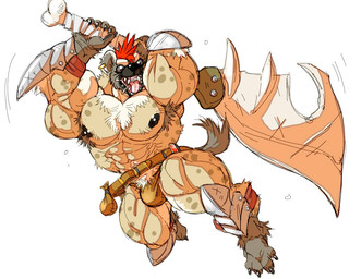 4_toes 5_fingers anthro arm_armor armor armpit_hair attack belt big_bulge big_muscles black_nipples bodily_fluids body_hair bracelet bulge chest_hair clothing drooling earpiece fangs feet fingers grey_eyes holding_object huge_bulge huge_muscle huge_muscles hyper hyper_muscles jewelry leg_armor looking_at_viewer male melee_weapon mohawk muscular muscular_anthro muscular_male nipples open_mouth sack saliva sharp_teeth simple_background solo sword teeth toes underwear weapon white_background stagor55 hyena mammal