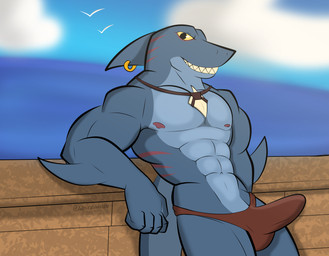 abs anthro biceps blue_body bulge clothing erection erection_under_clothing fin fin_piercing furgonomic_piercing furgonomics genitals looking_at_viewer male muscular muscular_anthro muscular_male nipples pecs penis piercing sharp_teeth solo speedo swimwear teeth yellow_sclera admiralgus1897 dungeons_of_aether rivals_of_aether slade_(dungeons_of_aether) aquatic fish shark hi_res