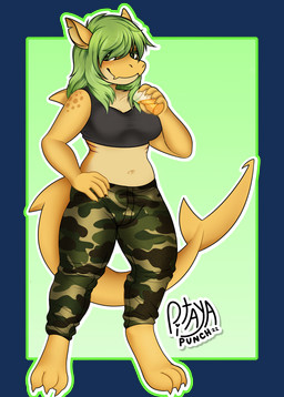 anthro bangs belly beverage black_clothing border bottomwear camo camo_bottomwear camo_clothing camo_pants camo_print clawed_ear claws clothing countershading female fin food green_eyes green_hair hair hand_on_hip long_hair looking_at_viewer messy_hair multicolored_body navel one_eye_obstructed outline pants pattern_bottomwear pattern_clothing pattern_pants scales shark_tail shirt smile smiling_at_viewer solo tank_top topwear transparent_border two_tone_body yellow_body yellow_scales pitayapunch aquatic fish shark absurd_res alpha_channel full-length_portrait hi_res portrait