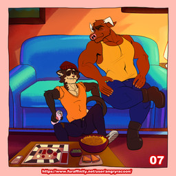 anthro beanie beverage beverage_can biceps black_body black_fur blush board_game bodily_fluids boots bottomwear bowl brown_body brown_fur carpet clothed clothing container denim denim_bottomwear denim_clothing duo ear_piercing ear_ring food footwear fur furniture furniture_lamp hat headgear headwear holding_object horn inside jeans legwear male male/male muscular muscular_anthro muscular_male nachos one_eye_closed pants pecs picture_frame piercing ring_piercing sandwich_(food) shirt shoes sitting smile sneakers sofa solo spill spilled_drink spilling_drink sweat table tail tank_top topwear v-neck v-neck_shirt white_body white_fur wink angryrawcoon antonio_(angryrawcoon) whyskers_(angryrawcoon) bovid bovine cattle domestic_cat felid feline felis mammal 1:1 digital_media_(artwork) hi_res