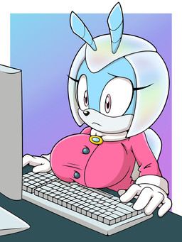 antennae_(anatomy) anthro big_breasts breasts clothing computer electronics female pink_clothing pink_eyes pink_suit solo suit sonicguru idw_publishing sega sonic_the_hedgehog_(comics) sonic_the_hedgehog_(idw) sonic_the_hedgehog_(series) jewel_the_beetle arthropod beetle insect 3:4 hi_res
