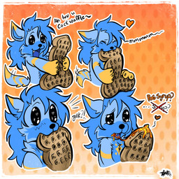 anthro blue_body blue_fur food fur humor male multicolored_body multicolored_fur no_pupils solo syrup waffle yellow_body yellow_fur gurocuck cockwaffle monster_energy rain_world videocult astral_(jeddy) slugcat 1:1 hi_res meme