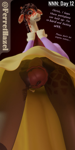 animal_genitalia animal_penis anthro blush bodily_fluids bottomwear brown_hair clenched_teeth clothed clothing dripping equine_genitalia equine_penis erection erection_under_clothing erection_under_pantyhose fur genital_fluids genitals gynomorph hair intersex leaking_precum legwear looking_down low-angle_view nervous orange_body orange_eyes orange_fur pantyhose penis precum precum_drip precum_through_clothing skirt solo tan_body tan_fur teeth text upskirt wet wet_clothing ferrethazel delilah_(ferrethazel) giraffe giraffid mammal 1:2 absurd_res english_text hi_res