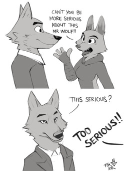 anthro barbell_piercing boyfriend/girlfriend canon_couple clothing duo eyelashes facial_tuft female hand_wraps long_eyelashes male male/female piercing suit text tuft wraps foxink dreamworks the_bad_guys too_serious diane_foxington mr._wolf_(the_bad_guys) canid canine canis fox mammal wolf 3:4 english_text greyscale hi_res meme monochrome