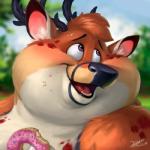 anthro antlers big_cheeks black_antlers black_eyebrows black_nose blush bodily_fluids brown_body brown_fur chubby_cheeks crumbs crumbs_on_face dessert detailed_background double_chin doughnut eyebrows food food_on_face fur holding_food holding_object horn inner_ear_fluff male open_mouth open_smile orange_body orange_fur outside overweight overweight_anthro overweight_male pastry pink_inner_ear purple_eyes red_tongue smile snout solo sweat sweatdrop teeth tongue tuft white_body white_fur white_inner_ear_fluff kygen ray_the_buck deer mammal 1:1 2019 absurd_res digital_media_(artwork) digital_painting_(artwork) headshot_portrait hi_res icon portrait shaded signature