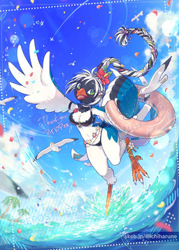 action_pose anklet anthro beak bikini black_body black_feathers blue_body blue_feathers breasts cheek_tuft claws cleavage clothed clothing curvy_figure detailed_background facial_tuft feathers feet female feral green_eyes hair happy holding_object holding_out_hand inflatable inner_tube jewelry kemono medium_breasts navel neck_tuft non-mammal_breasts non-mammal_navel open_mouth ponytail pose raised_wings small_waist smile solo splash standing stripes swimwear talons toe_claws toes tuft two-piece_swimsuit white_body white_feathers wide_hips wings haruneichi cissa_(idorrth) avian bird gull lari larid absurd_res alternate_version_at_source digital_media_(artwork) full-length_portrait hi_res portrait