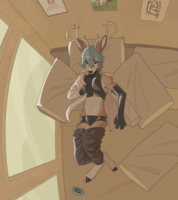 anthro antlers bed bottomwear clothing dressed_up furniture hair horn latex male pants pillow shirt smile solo topwear rooksiepooksie car_seat_headrest game_boy game_boy_advance game_boy_family nintendo nugamus deer mammal absurd_res hi_res