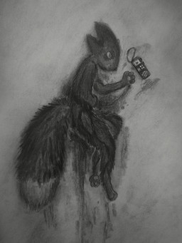 4_fingers ambiguous_gender anthro biped blood blood_on_hand blood_splatter bodily_fluids dipstick_tail dying dying_eyes electronics feet fingers fluffy fur half-closed_eyes high-angle_view lying lying_on_ground markings narrowed_eyes on_ground on_side pawpads portable_music_player simple_background slim snout solo standing tail tail_markings wounded tangerinefox casualties:_unknown canid canine expie_(gunsawian) gunsawian hybrid mammal murid rodent 2026 absurd_res chalk_(artwork) charcoal_(artwork) graphite_(artwork) greyscale hi_res monochrome traditional_media_(artwork)