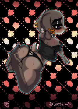 anthro big_butt black_background black_clothing black_eyeshadow black_panties black_topwear black_underwear blue_lipstick blush bodily_fluids bottom_heavy butt clothing ear_piercing eyebrow_piercing eyelashes eyeshadow facial_piercing feet female floppy_ears fur grey_body grey_fur lipstick looking_at_viewer looking_back looking_back_at_viewer lop_ears makeup nose_piercing nose_ring panties pattern_background piercing pink_nose purple_eyes rear_view ring_piercing shortstack simple_background skull_panties solo sweat sweatdrop thick_thighs topwear underwear wide_hips gibeechee disney zootopia judy_hopps european_rabbit lagomorph leporid mammal oryctolagus rabbit absurd_res hi_res