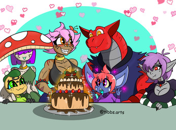 anthro birthday blue_body breasts brown_body cake clothing dessert female food fungus green_eyes grey_body group hair heart_symbol jacket male orange_eyes pink_hair purple_eyes purple_hair red_body red_eyes red_hair shirt sweater topwear yellow_body yellow_eyes tibbs mythology baku_(tibbs) betty_(tibbs) emma_(tibbs) star_(tibbs) yulie_(tibbs) bat dinosaur dragon elemental_creature fungi_fauna gecko kobold lizard mammal mythological_creature mythological_scalie prehistoric_species reptile scalie hi_res