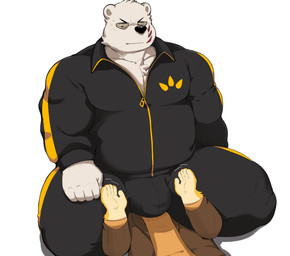 anthro bulge clothed clothing duo facesitting fully_clothed male male/male simple_background sitting sitting_on_another tracksuit white_background bhtoss odd_taxi fuyuki_yamamoto_(odd_taxi) sekiguchi_(odd_taxi) bear canid canine fox mammal polar_bear ursine absurd_res hi_res