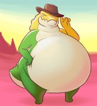 anthro belly big_belly brown_clothing brown_hat brown_headwear clothing cowboy_hat green_body hand_on_belly hand_on_hip hat headgear headwear looking_at_viewer male nude obese obese_anthro obese_male outside overweight overweight_anthro overweight_male solo standing yellow_body sugarboy glitch_productions the_amazing_digital_circus gummigoo_(tadc) crocodile crocodilian reptile scalie hi_res