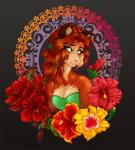 2016 amaryllis_(flower) anthro brown_body brown_fur brown_hair bust_portrait canid canine clothed clothing female flower fox fur green_eyes grey_background hair hibiscus looking_at_viewer mammal mandala patterns plant portrait red_hair reika_(reikafox) reikafox rose_(flower) signature simple_background smile solo tied_hair