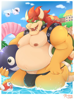 anthro anthro_focus areola armband barazoku belly belly_overhang biceps big_belly big_bulge big_muscles border building bulge claws clothed clothing collar day deltoids detailed_background eyebrows feral genitals hair holding_object horn house huge_belly huge_muscles male musclegut muscular muscular_anthro muscular_male nipples non-mammal_nipples open_mouth open_smile outside overweight overweight_anthro overweight_male partially_submerged pecs penis penis_base shell smile solo speedo spiked_armband spiked_collar spiked_shell spikes spikes_(anatomy) standing summer swimming_pool swimwear teeth thick_arms thick_thighs topless topless_anthro topless_male water wet wet_clothing white_border roughien_(artist) mario_bros nintendo bowser blooper cephalopod chain_chomp cheep_cheep coleoid decapodiform fish koopa marine mollusk scalie squid 2025 absurd_res hi_res signature