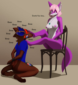anthro areola beep beverage blue_clothing blue_inner_ear blue_shirt blue_topwear bound breasts brown_body brown_fur brown_hair chair clothing dialogue dominant dominant_female duo ear_piercing eyewear feet female foot_fetish foot_on_chest foot_on_face footprint fur furniture glasses hair hands_behind_back hands_tied industrial_piercing machine male male/female multiple_piercings nipples on_chair piercing pink_areola pink_hair pink_nipples protogen_visor purple_body purple_fur screen screen_face shirt sitting sitting_on_chair soda submissive submissive_male t-shirt topwear wearing_glasses wearing_shirt white_body white_fur donya pepsi arume_wythamoouse p3p51 canid canine fennec_fox fox mammal protogen true_fox absurd_res hi_res nonbinary_(lore) trans_(lore) trans_man_(lore) trans_woman_(lore)