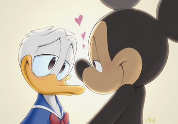 anthro black_body bow_tie clothing duo eye_contact heart_symbol looking_at_another male male/male narrowed_eyes romantic romantic_couple shirtless_male simple_background smile white_background white_body mickeyryona disney donald_duck mickey_mouse anatid anseriform avian bird duck mammal mouse murid murine rodent 2022 digital_media_(artwork) hi_res