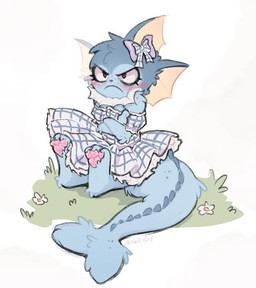 accessory angry anthro blue_body blue_fur blue_hair blush blush_lines bow_ribbon clothing crossed_arms dress eyelashes female flower fur grass grey_eyes hair hair_accessory hair_bow hair_ribbon holowear_(pokemon) pawpads paws plant ribbons sitting solo tail valeria_fills nintendo pokemon pokemon_unite checkered_style_vaporeon eeveelution generation_1_pokemon pokemon_(species) vaporeon 2026 signature