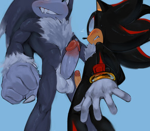 anthro balls big_balls big_hands big_penis bodily_fluids chest_tuft clothing dripping duo erection fluffy fluffy_chest genital_fluids genitals glans gloves handwear humanoid_genitalia humanoid_penis looking_at_genitalia looking_at_penis male male/male muscular muscular_male nervous nervous_sweat penis precum precum_drip sharp_teeth simple_background size_difference surprised sweat tail teeth tuft dreamoart sega sonic_the_hedgehog_(series) sonic_unleashed shadow_the_hedgehog sonic_the_werehog eulipotyphlan hedgehog mammal werecreature wereeulipotyphlan werehog digital_drawing_(artwork) digital_media_(artwork) hi_res