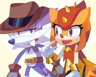 belt big_teeth black_clothing black_eyes black_legwear black_tights blue_nose bodily_fluids boots brown_belt brown_boots brown_clothing brown_cowboy_hat brown_dress brown_footwear brown_gloves brown_handwear brown_nose brown_tail cheek_tuft clothing countershading cowboy_hat dress eyelashes facial_tuft fangs female footwear fur gloves handwear hat headgear headwear legwear long_ears long_tail male multicolored_body multicolored_boots multicolored_clothing multicolored_dress multicolored_footwear multicolored_fur narrowed_eyes open_mouth open_smile orange_body orange_clothing orange_dress orange_scales orange_skin orange_tail pointing_at_mouth pointy_nose purple_body purple_ears purple_fur purple_tail red_tongue scales shadow sharp_teeth shoes simple_background smile sparkles spiked_tail spikes spikes_(anatomy) sweat sweatdrop tail tan_arms tan_body tan_countershading tan_skin teeth thick_tail tights tongue tuft two_tone_body two_tone_clothing two_tone_dress two_tone_fur two_tone_tail white_body white_clothing white_countershading white_fur white_gloves white_handwear yellow_clothing yellow_footwear yellow_shoes yellow_spikes plus2sf classic_sonic_(universe) sega sonic_superstars sonic_the_hedgehog_(series) fang_the_hunter trip_the_sungazer dipodid girdled_lizard jerboa lizard mammal reptile rodent scalie sungazer_(lizard)