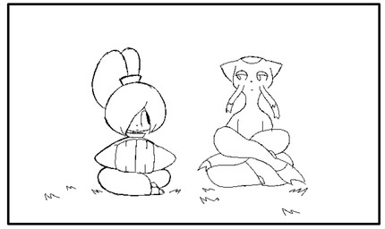 ambiguous_gender anthro border clothed clothing crosslegged_pose duo eye_contact feet female hair hair_over_eye interrobang looking_at_another meditation one_eye_obstructed ponytail ponytail_ears simple_background sitting white_background white_border usagibun1 nintendo pokemon tuqiu_(usagibun1) generation_5_pokemon lagomorph leporid mammal mienshao pokemon_(species) rabbit 2025 black_and_white digital_media_(artwork) monochrome sketch