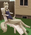 anthro arm_support barefoot biped blue_eyes blush building bulge clothed clothing crossdressing crossed_legs detailed_background detailed_bulge erection erection_under_clothing feet femboy fur genital_outline genitals grass grey_body grey_fur grey_hair hair hair_over_eye house leaning_on_elbow male one-piece_swimsuit one_eye_obstructed outside paws penis penis_outline plant sitting solo sport_swimsuit swimwear veranda wood tatsumichi domestic_cat felid feline felis mammal