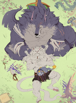 anthro bandage duo fangs fur group male pawpads resting size_difference tail teeth trio white_body white_fur na1su league_of_legends riot_games tencent rengar_(lol) warwick_(lol) yuumi_(lol) canid canine canis felid lion mammal pantherine wolf hi_res