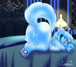 ahoge anthro bed big_breasts blue_eyes blue_hair blue_internals blue_tongue breasts claws female floppy_ears fur furniture genitals hair heart_ahoge nude on_bed paws presenting smile solo squish tail text tongue tongue_out vulva white_body white_fur lunalaimoonglow vtuber lula_the_wolf canid canine canis mammal wolf artist_name colored digital_drawing_(artwork) digital_media_(artwork) hi_res shaded signature