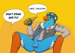 alcohol anthro balls beak beer beverage blue_body bodily_fluids butt clothed clothing dialogue floating_hands genitals humanoid_genitalia humor male military patched_clothing penis solo spread_legs spreading text ponza00 brewdog wingman_(brewdog) accipitrid accipitriform avian bird eagle absurd_res digital_media_(artwork) english_text hi_res