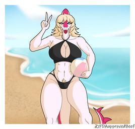abs anthro athletic athletic_anthro athletic_female ball beach beach_ball big_breasts bikini biped black_bikini black_clothing black_swimwear blonde_hair blue_eyes blurred_background bone_frill breasts clenched_teeth clothed clothed_anthro clothed_female clothing cloud day female fingers frill_(anatomy) front_view gesture hair hand_gesture holding_beach_ball humanoid_hands inflatable long_hair long_tail looking_at_viewer multicolored_body multicolored_scales navel non-mammal_breasts open_mouth outside pink_body pink_scales pose pubes sand scales sea sky solo spiked_tail spikes spikes_(anatomy) swimwear tail teeth text tongue tongue_out two-piece_swimsuit two_tone_body two_tone_scales v_sign water white_body white_scales fdaapprovedbeef cavemanon_studios i_wani_hug_that_gator mia_moretti dinosaur hadrosaurid ornithischian ornithopod parasaurolophus prehistoric_species reptile scalie 2025 absurd_res artist_name colored hi_res portrait shaded three-quarter_portrait