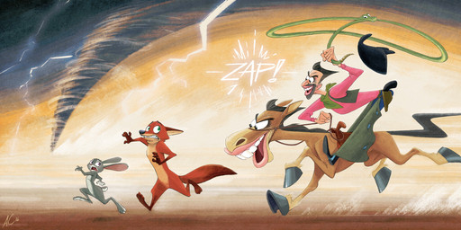 anthro brown_body brown_fur buckteeth chasing clenched_teeth clothed clothing cowboy desert ears_back electricity featureless_crotch female feral fur green_eyes grey_body grey_fur grin group hooves lasso lightning male nude open_mouth orange_body orange_fur pivoted_ears purple_eyes riding running scared smile sound_effects storm straddling teeth tornado what andrew_chesworth disney zootopia judy_hopps nick_wilde pecos_bill canid canine equid equine fox horse human lagomorph leporid mammal rabbit red_fox reptile scalie snake true_fox 2016 absurd_res hi_res