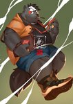 anthro belly black_body black_fur black_nose bottomwear bulge clothed clothing food fully_clothed fur hoodie humanoid_hands kemono male overweight overweight_anthro overweight_male shirt shorts solo topwear jmeo1230 pocky mammal 2020 hi_res