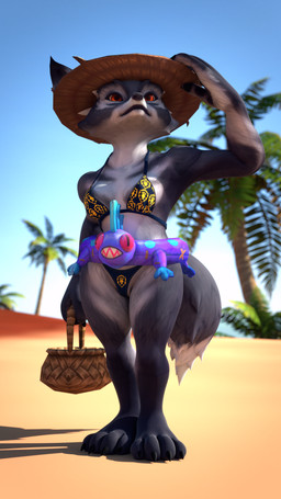 anthro beach bikini breasts clothing female female_anthro fur grey_body grey_fur paws pose small_breasts solo standing swimwear tail two-piece_swimsuit jabascript69 blizzard_entertainment warcraft canid mammal vulpera 3d_(artwork) 4k 9:16 absurd_res digital_media_(artwork) hi_res pinup