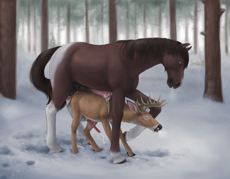after_sex afterglow anal anal_penetration anatomically_correct anatomically_correct_genitalia anatomically_correct_penis animal_genitalia animal_penis antlers balls blue_eyes bodily_fluids brown_body brown_fur brown_mane cervine_genitalia cervine_penis cum cum_in_ass cum_inside cum_on_back detailed_background dominant duo ejaculation equine_genitalia equine_penis erection eyes_closed feral feral_on_feral flared_penis forest from_behind_position fur genital_fluids genitals hands-free hooves horn interspecies larger_dom larger_male male male/male mane medial_ring mounting open_mouth outside penetration penile penile_penetration penis penis_in_ass plant quadruped sex size_difference smaller_male snow tan_body tan_fur tree white_body white_fur winter difetra deer equid equine horse mammal absurd_res digital_media_(artwork) hi_res