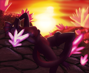anthro breasts crystal detailed_background female genitals glowing non-mammal_breasts nude purple_body purple_scales scales solo sunset tail vulva yellow_eyes salnith mythology dragon mythological_creature mythological_scalie scalie 2016 absurd_res hi_res