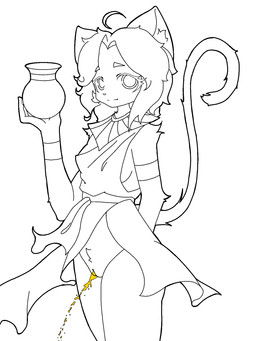 adolescent anthro bodily_fluids clothing female female_peeing genital_fluids genitals hair looking_at_viewer peeing smile standing standing_pee tail urine vulva watersports yellow_urine young cassis felid feline felis mammal hi_res sketch