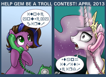 dialog equine female feral friendship_is_magic gem_(character) green_eyes hair horn horse john_joseco long_hair my_little_pony phone pink_eyes pink_hair pony princess princess_celestia_(mlp) royalty smile text two_tone_hair winged_unicorn wings
Rating: Safe
Score: 3
User: Robinebra
Date: March 16, 2013