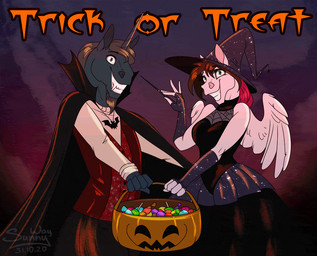anthro blood bodily_fluids bone candy clothed clothing costume creepy death dessert dress duo fangs female food holidays horn jack-o'-lantern knife magic_user male male/female night teeth trick-or-treating wings witch sunny_way halloween mythology saitudon_(character) sunny_way_(character) arachnid arthropod bat equid equine horse mammal mythological_creature mythological_equine pegasus spider unicorn vampire 2020 animated digital_drawing_(artwork) digital_media_(artwork)
