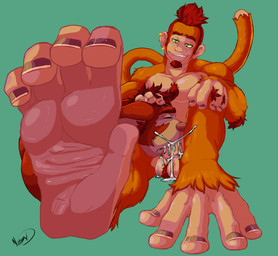 anthro ball_tuft bodily_fluids cum cum_in_mouth cum_inside cumshot cumshot_in_mouth duo ear_piercing ear_ring ejaculation feet fellatio foot_fetish foot_focus fur genital_fluids genitals green_eyes humanoid_genitalia humanoid_penis male male/male monkey_feet oral orange_body orange_fur penile penis piercing plantigrade prehensile_feet red_body red_fur ring_piercing sex simple_background sitting toes tuft delicatessen wildstar gusho noke_(delicatessen) chua haplorhine mammal monkey primate absurd_res hi_res