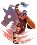 abs action_pose anthro axe battle_axe biceps black_nose bodypaint bottomwear clothed clothing double_bitted_axe fangs fight fighting_pose for_a_head fur green_eyes grey_body grey_fur labrys loincloth male manly melee_weapon muscular muscular_anthro muscular_male nipples pecs pose shield solo tail teeth topless tribal warrior weapon null-ghost konami yu-gi-oh! wolf_axwielder animal_head canid canine canis cynocephalus duel_monster humanoid mammal wolf 2012 hi_res