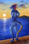 anthro athletic athletic_male blonde_hair blue_body blue_skin detailed_background group hair horn looking_at_viewer male muscular muscular_anthro muscular_male nude rear_view solo_focus standing sunset tail yellow_eyes arcwolfdragon mythology teryx_commodore dragon mythological_creature mythological_scalie scalie 2:3 absurd_res hi_res