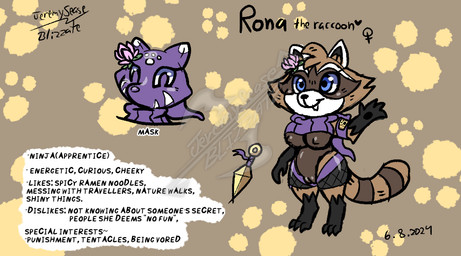 breasts brown_body brown_fur clothed clothing exposed_breasts female feral fur genitals mask ninja nipples partially_clothed paws rona_the_raccoon shortstack shortstack_female solo thick_thighs vulva warrior blizzate mammal procyonid raccoon model_sheet